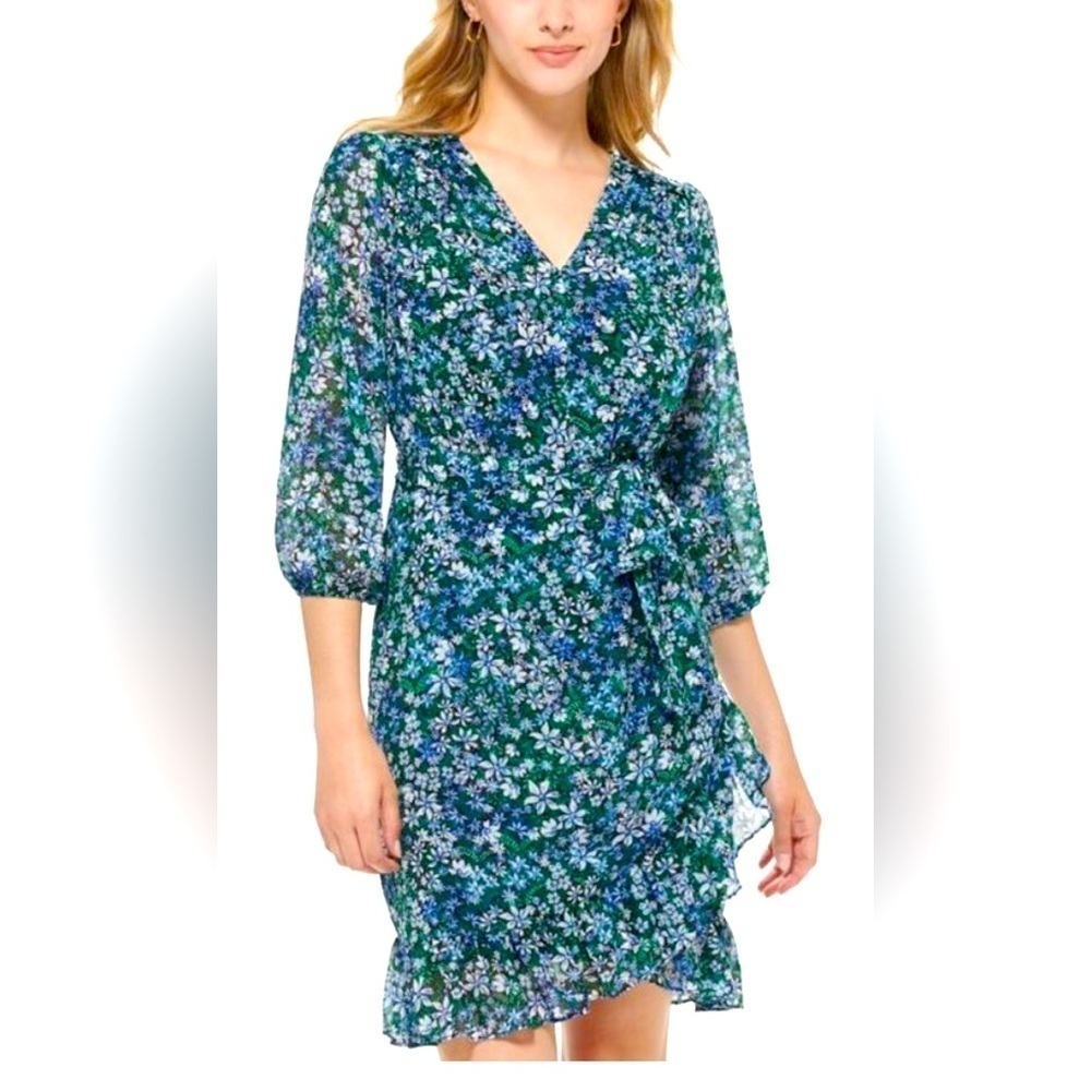 Karl Lagerfeld Paris Women's Floral Printed Tie Waist Ruffled Dress Blue Size 2